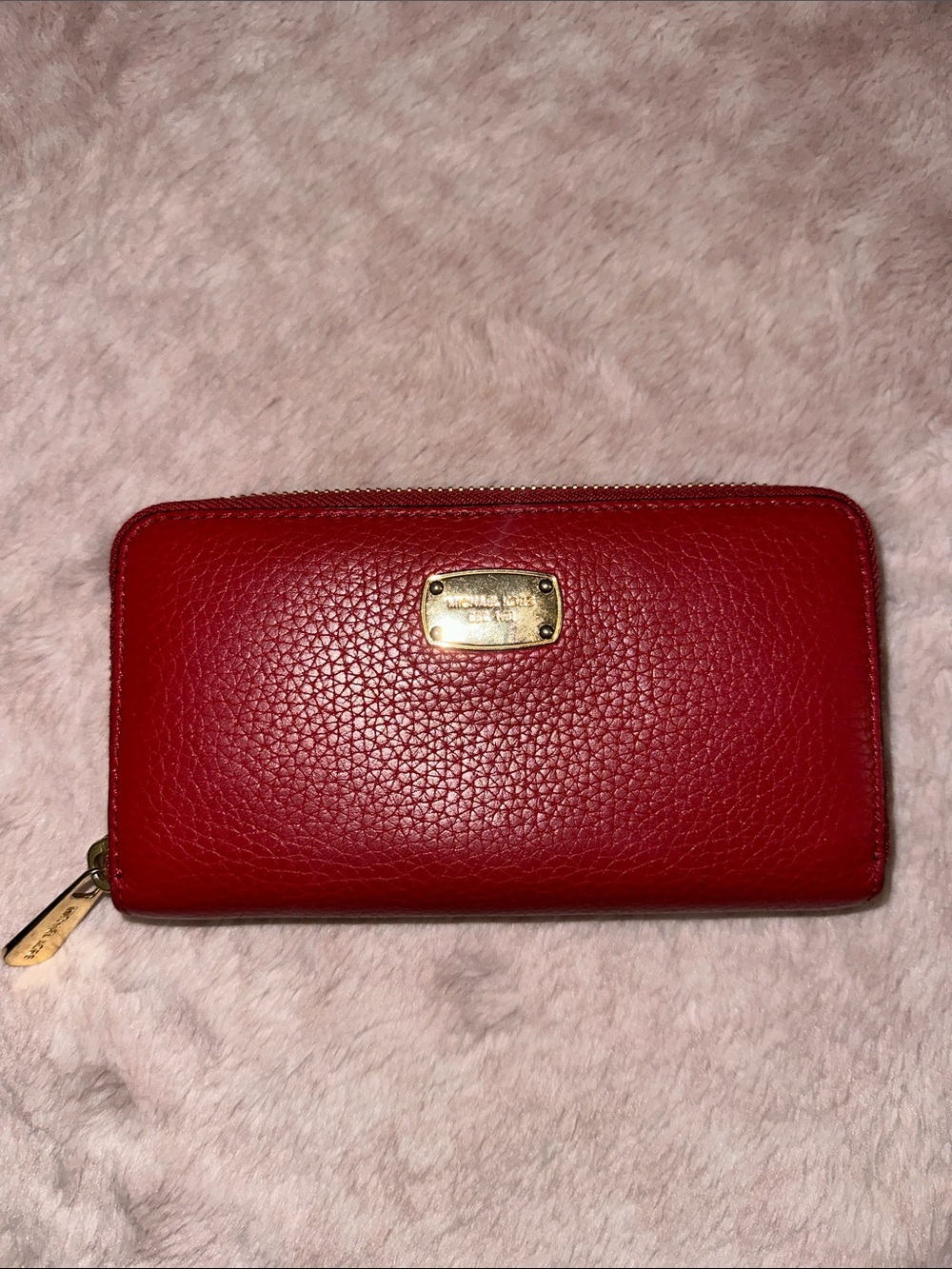 Michael Kors Red Pebbled Leather Zip Wallet with Gold Plaque